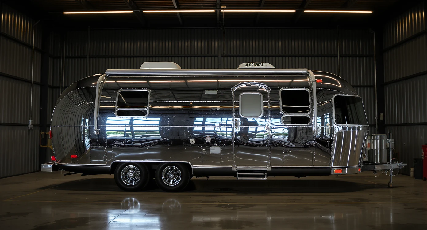 Pristine polished mirror silver Airstream travel trailer with iconic riveted aluminum body parked inside an enclosed storage bay, warm reflections on the polished surface