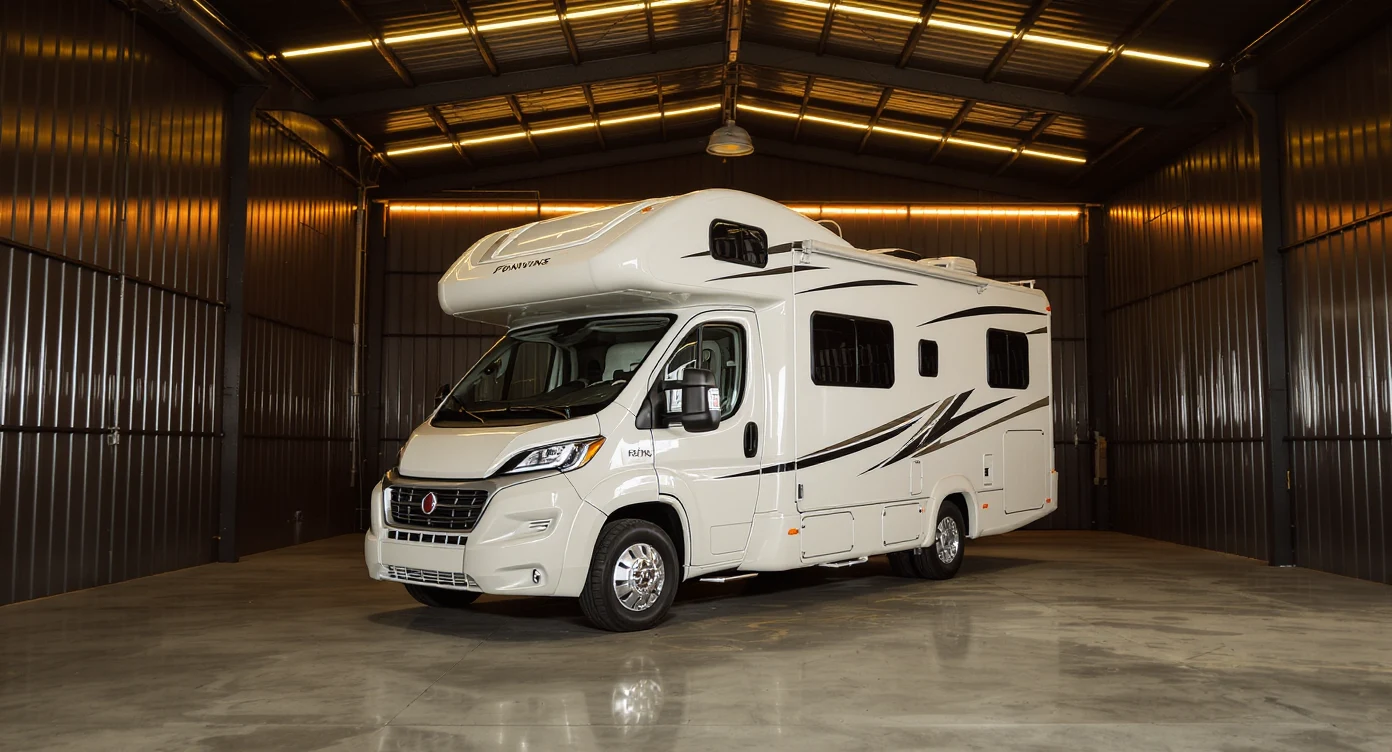 Pristine luxury Class C cab-over motorhome with distinctive overcab sleeping pod parked inside a fully enclosed 40 ft bay