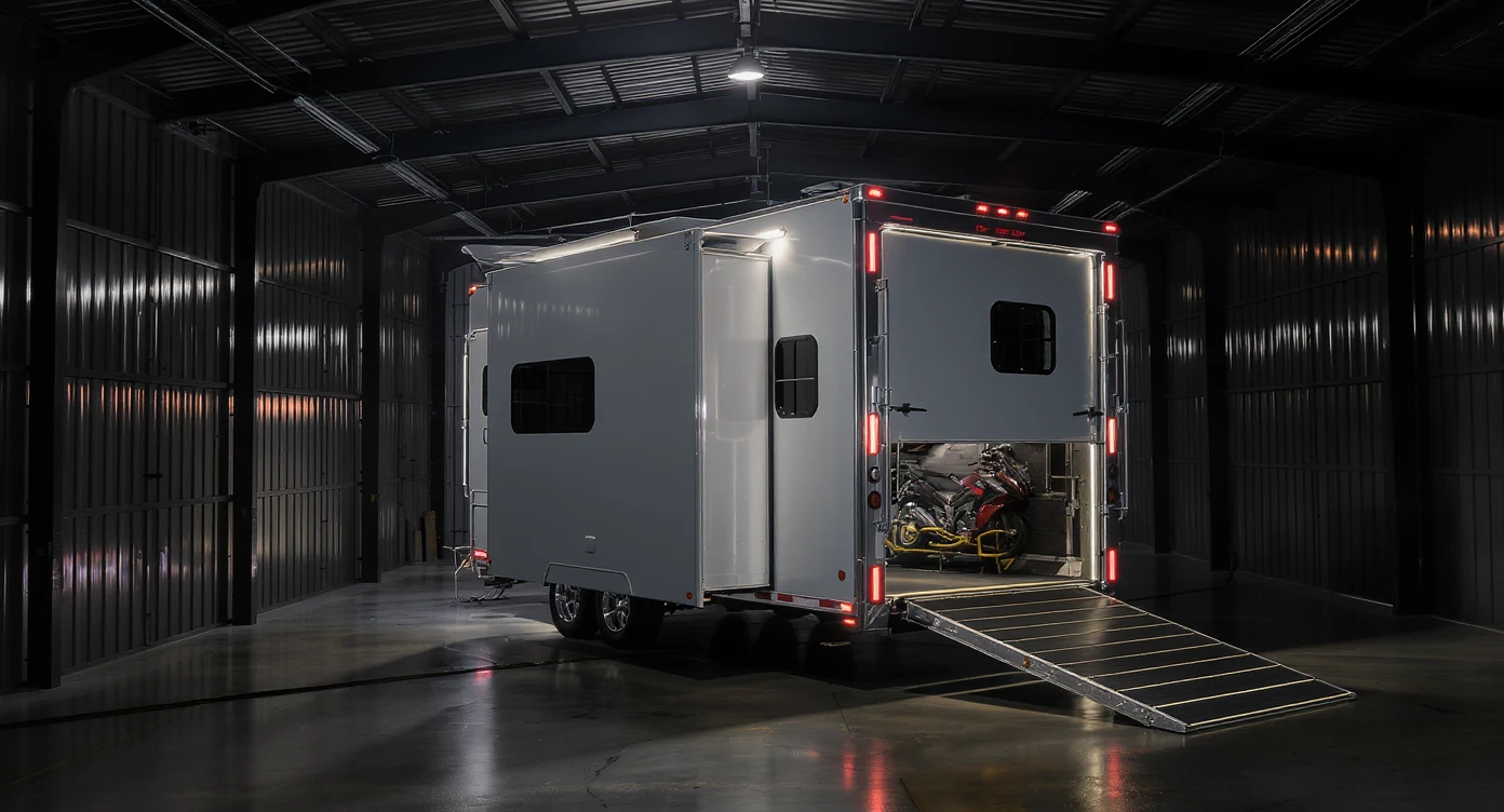Pristine luxury cargo hauler trailer with rear ramp door open inside a 36 ft covered bay, motorcycle visible inside the cargo area