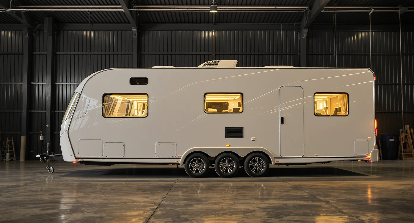 Pristine luxury bumper-pull travel trailer with warm cabin lights glowing through side windows inside a fully enclosed 36 ft bay
