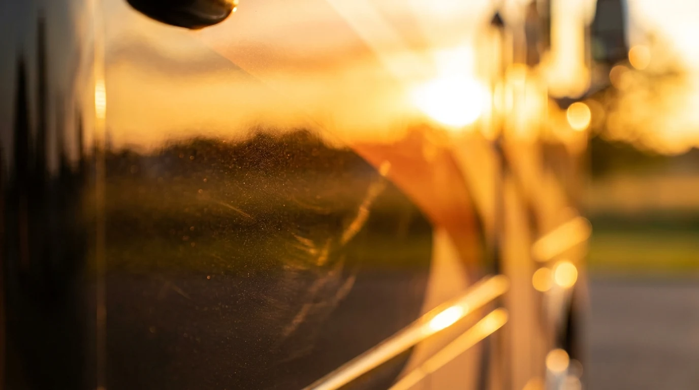 Polished body panel of a Class A motorhome reflecting warm bay lighting