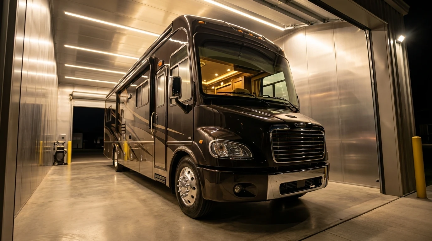 Pristine Class A motorhome inside a clean enclosed storage bay at night with warm interior lighting